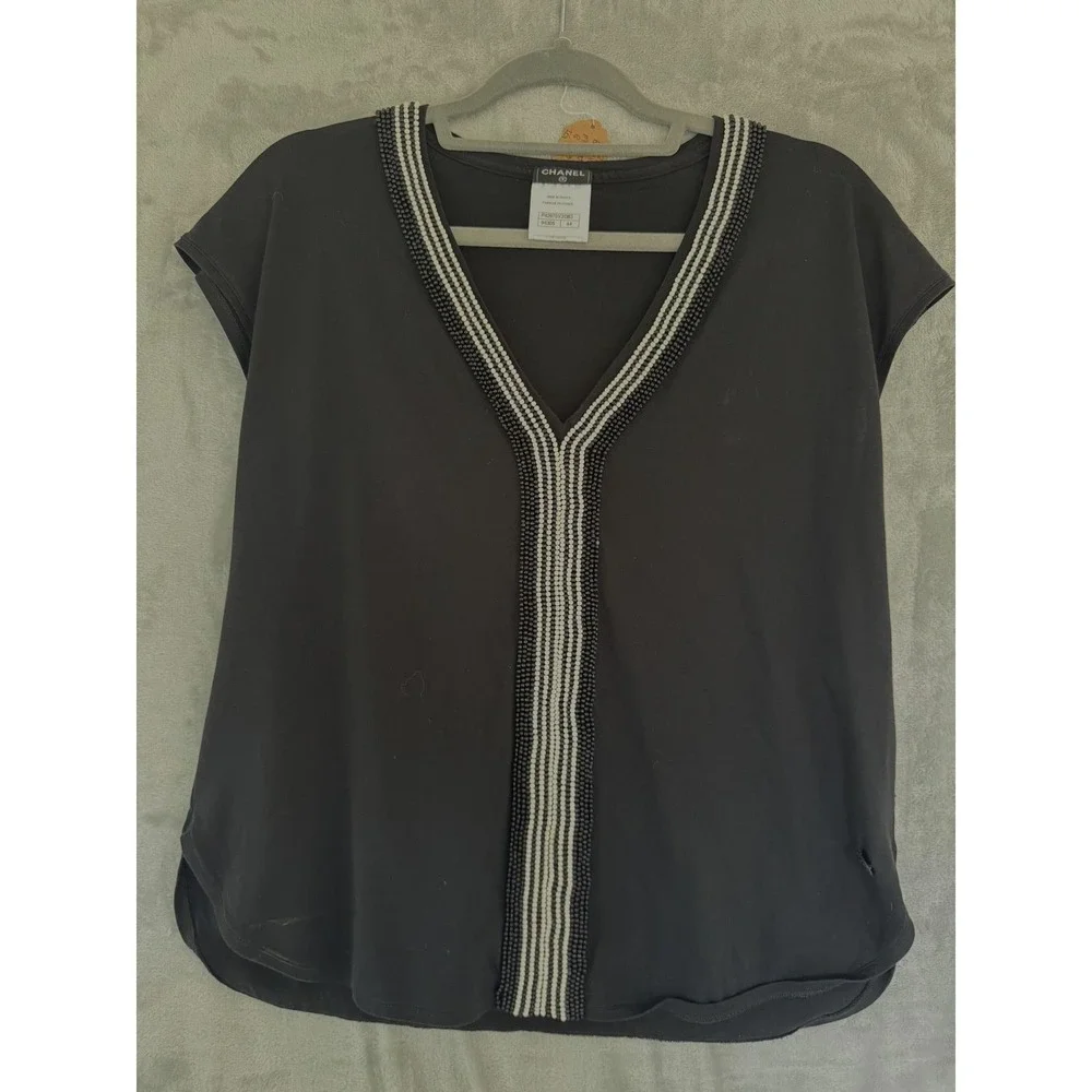 Chanel Black Beaded V-Neck Short Sleeve Top France P42975V31383 FR 44 US 12